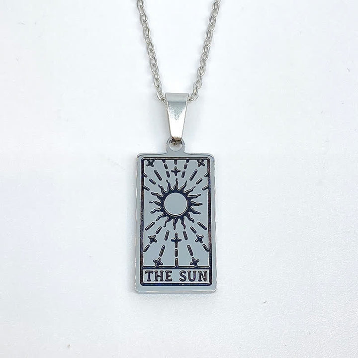 Silberne Tarot-Anhänger-Halskette "The Sun", rechteckig, Edelstahl, esoterischer Schmuck.