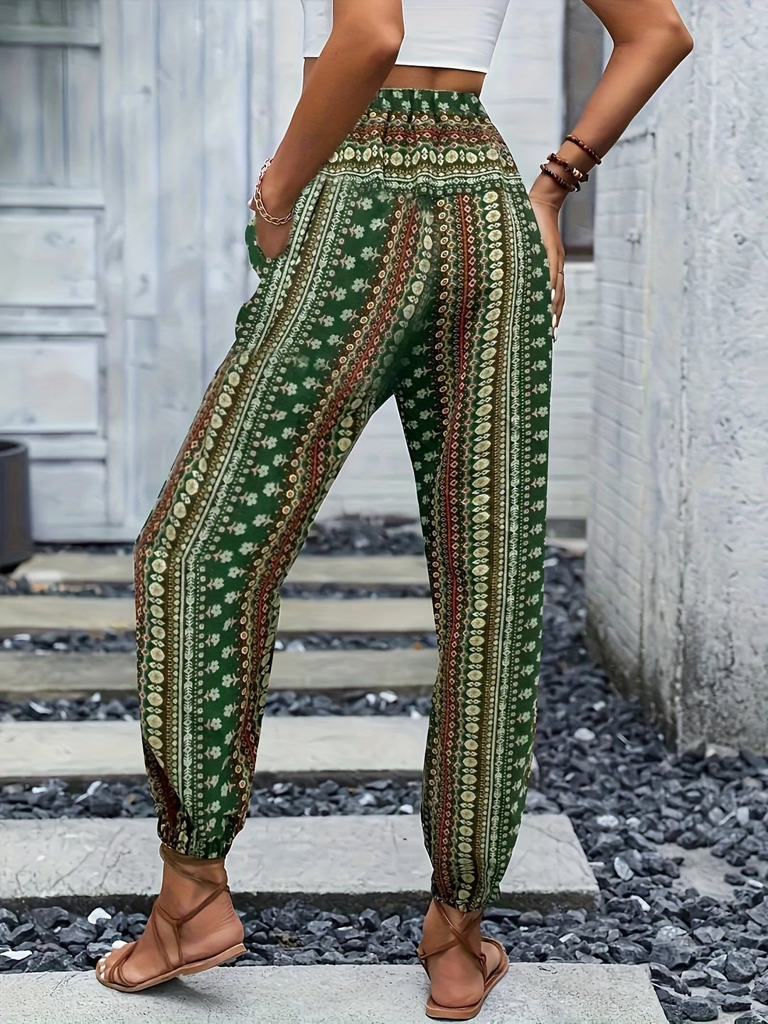 Boho High-Waist Damenhose mit Print & gesmoktem Bund – Linara