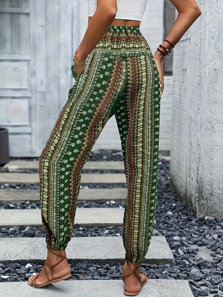 Boho High-Waist Damenhose mit Print & gesmoktem Bund – Linara