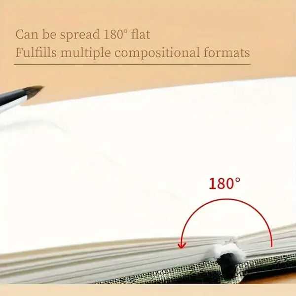 Flach liegendes Notizbuch, 180 Grad geöffnet, weißes Papier, ideal für Skizzen und Notizen.