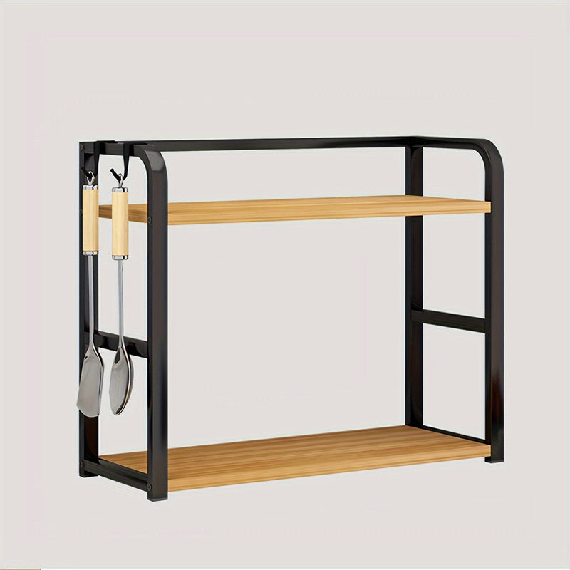 Schwarzes Metallregal mit zwei Holzablagen und Haken, ideal für Küche oder Büro.