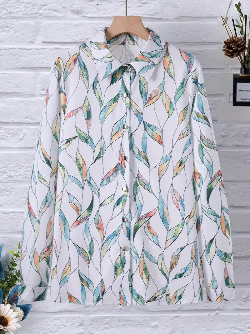 Herbstliche Damenbluse mit abstraktem Muster und Knopfleiste – Marlene