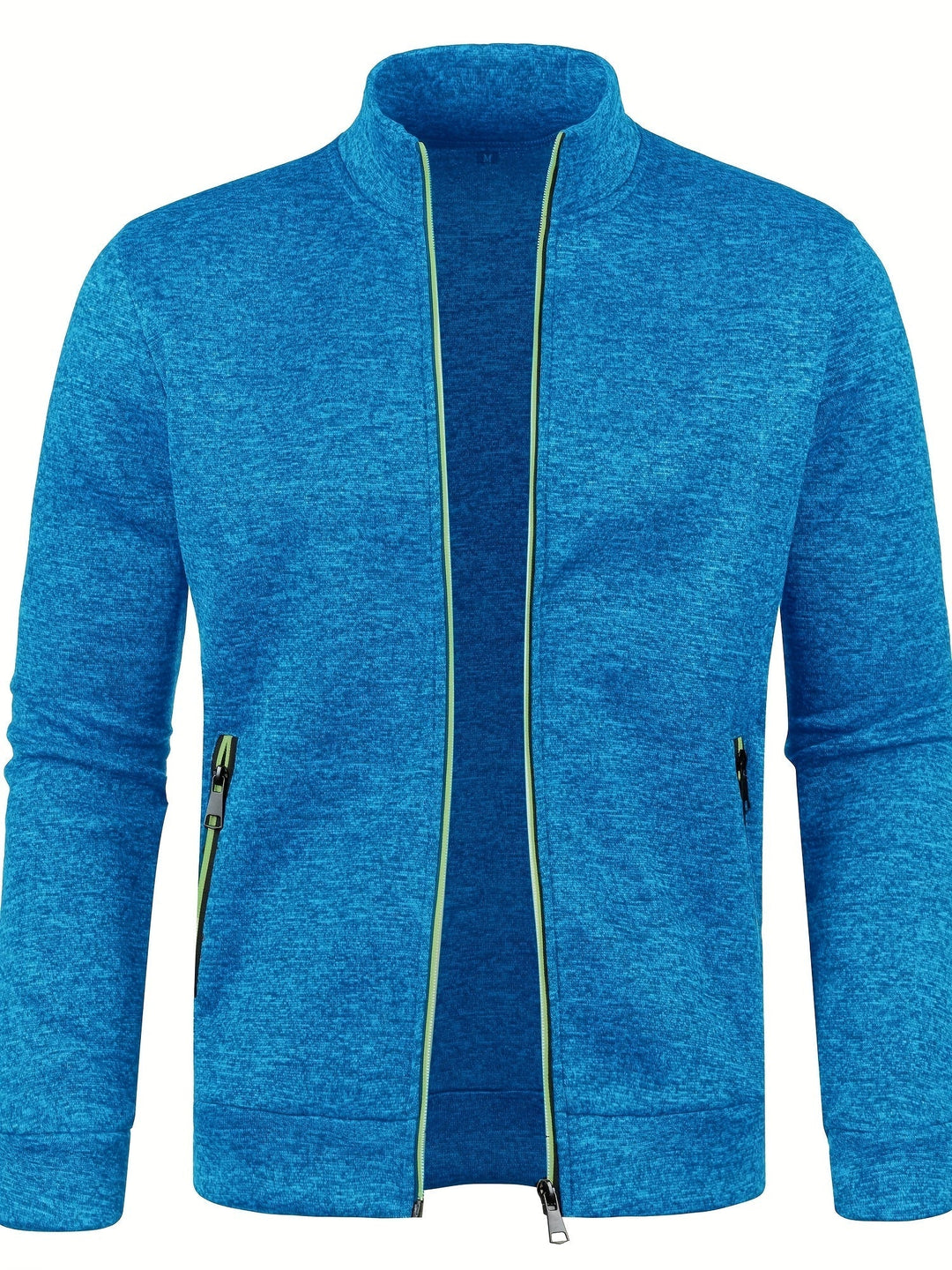 Blaue Herrenjacke mit Reißverschluss, Stehkragen, Taschen, aus Baumwollmischung.