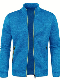 Blaue Herrenjacke mit Reißverschluss, Stehkragen, Taschen, aus Baumwollmischung.