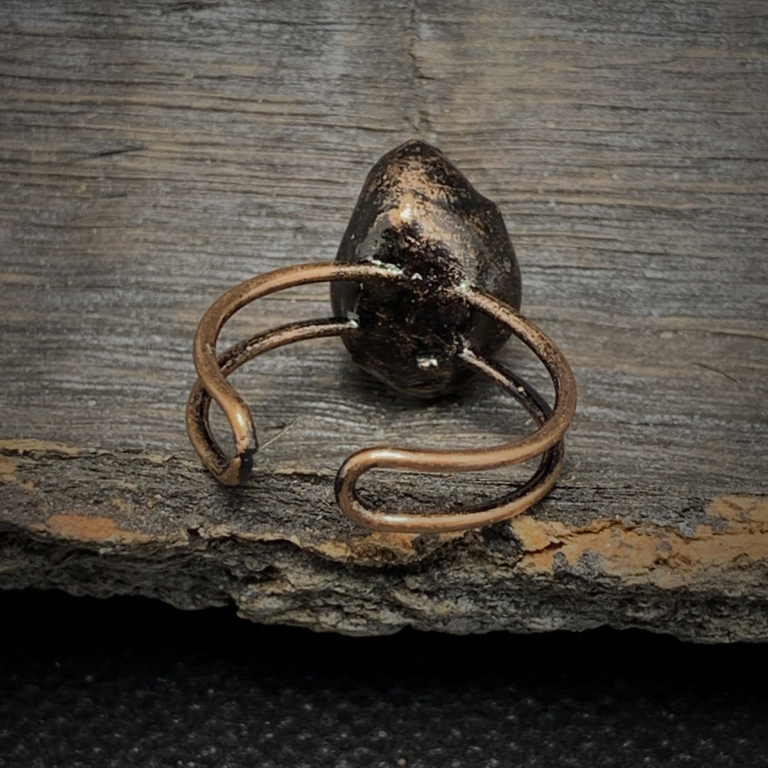 Antiker Bronze-Ring mit schwarzem Edelstein auf rustikalem Holzuntergrund.