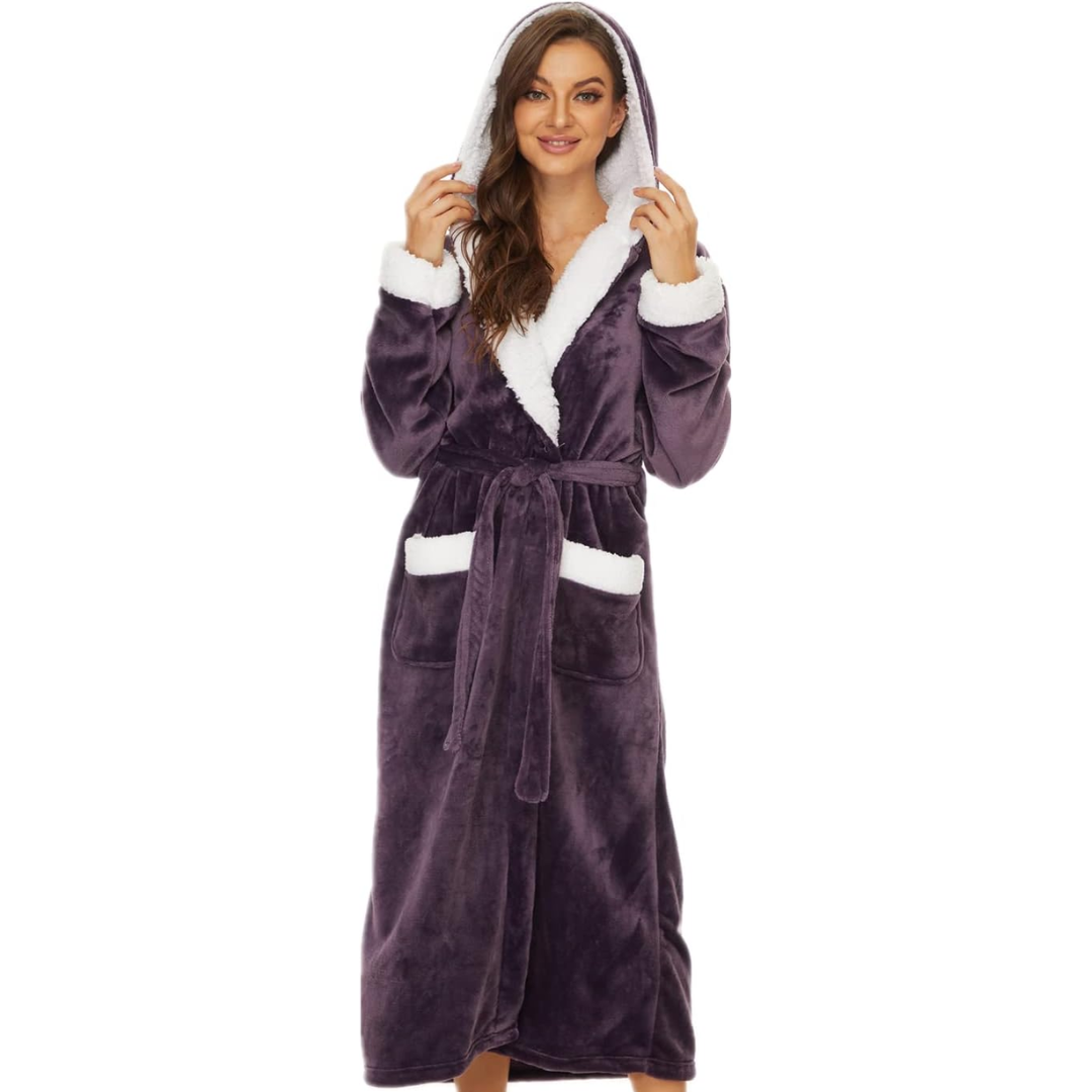 Damen Bademantel mit Kapuze, lila, Fleece, warm, gemütlich, mit Taschen und Gürtel.