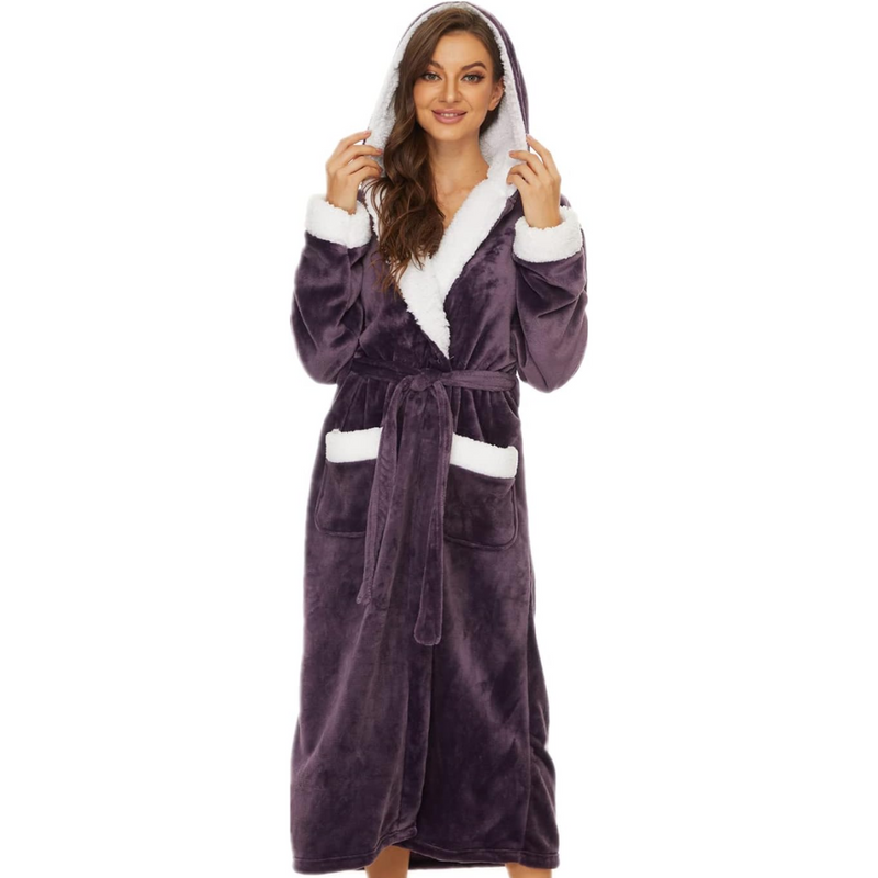 Damen Bademantel mit Kapuze, lila, Fleece, warm, gemütlich, mit Taschen und Gürtel.