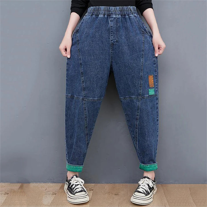 Damen Baggy Jeans, blau, elastischer Bund, lässiger Stil, modische Freizeitkleidung