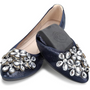Dunkelblaue Ballerinas mit Strasssteinen, elegantes Design, Damenmode, festliche Schuhe.