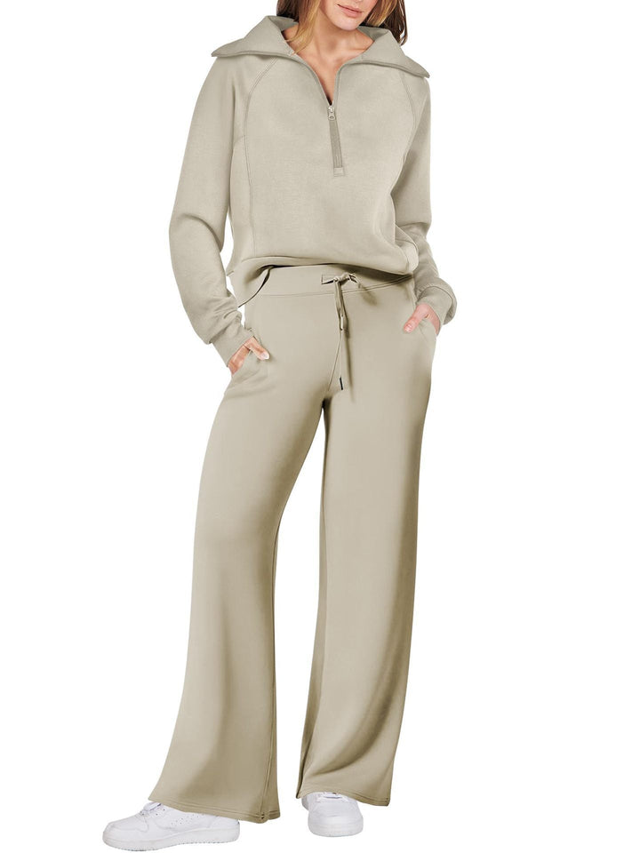 Damen Jogginganzug beige, langärmelig, Reißverschluss, bequem, Freizeitmode, Sportbekleidung.