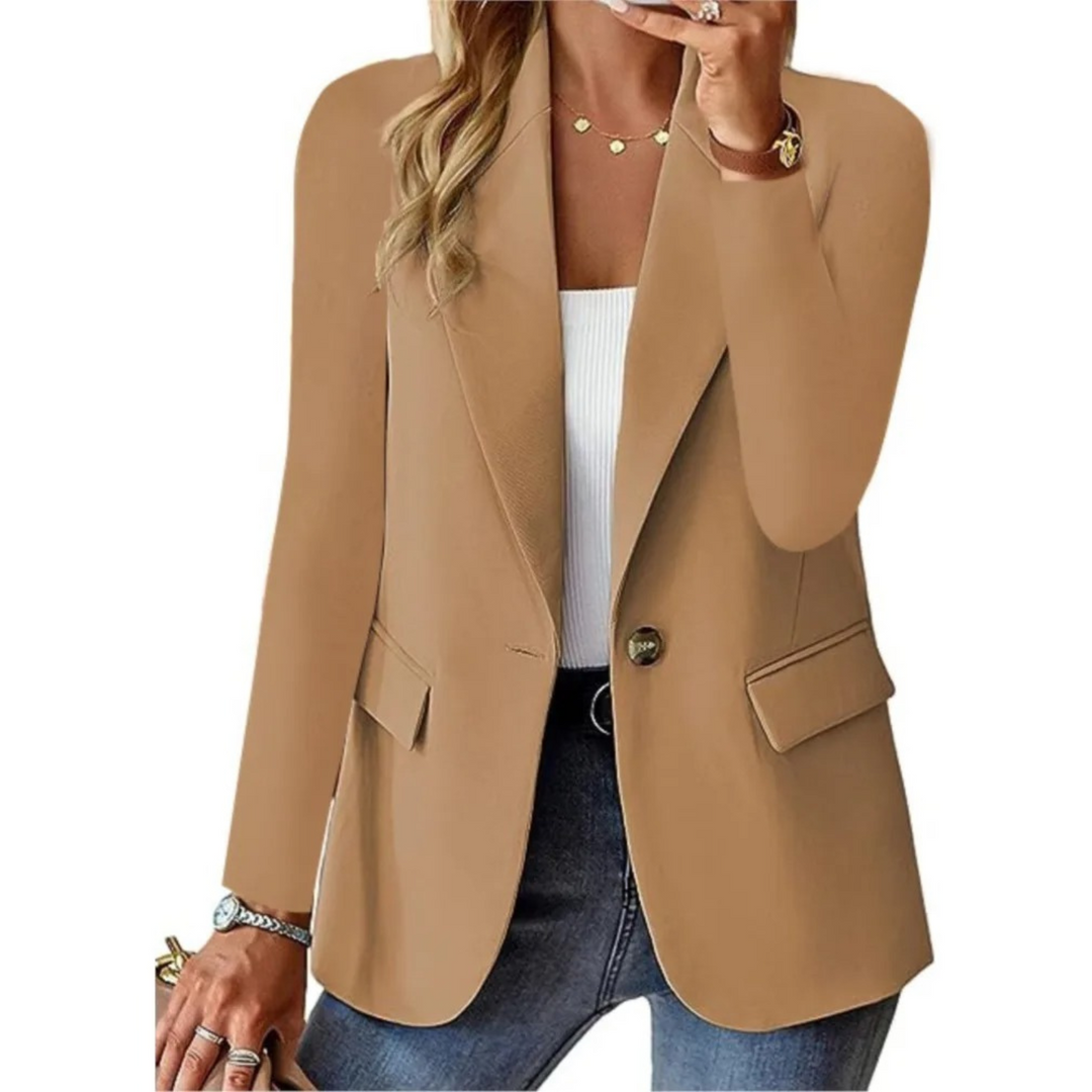 Damenblazer beige, elegantes Design, einreihig, modisch, ideal für Büro und Freizeit.