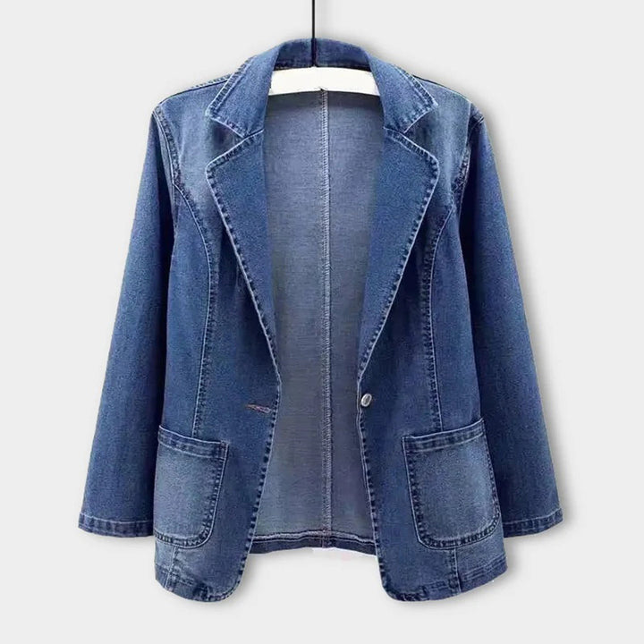 Blauer Jeansblazer Damen, lässig, Vintage-Stil, offene Front, zwei Taschen, Denimjacke.