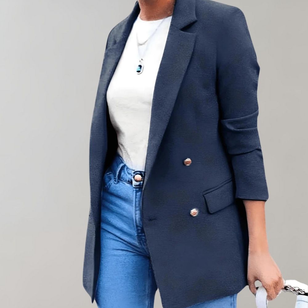 Damenblazer navyblau, elegant, langärmelig, Knopfdetails, modisch, Business-Look.