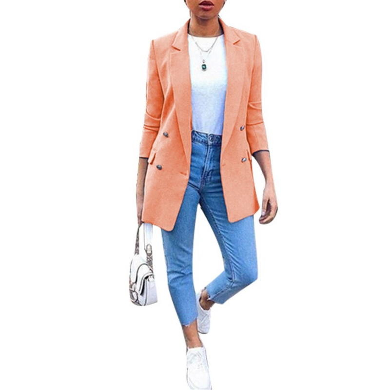 Damenblazer orange, mittellang, elegant, modisch, Freizeit, Büro, Frühling, Sommermode.