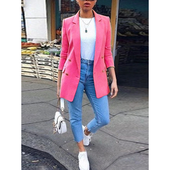 Damen Blazer rosa, mittellang, zweireihig, modisch, elegant, Freizeitkleidung, Frühling.