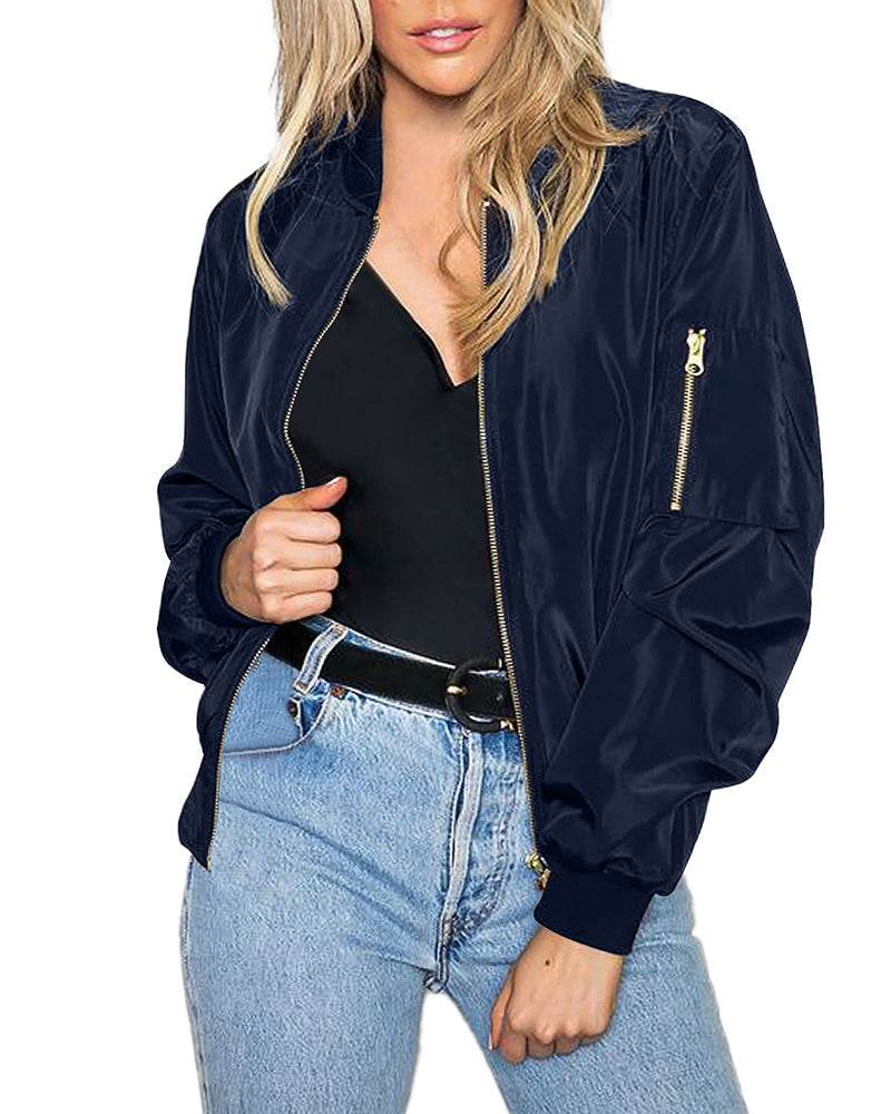 Damen Bomberjacke dunkelblau, Reißverschluss, lässig, modisch, Herbstmode, Streetwear.