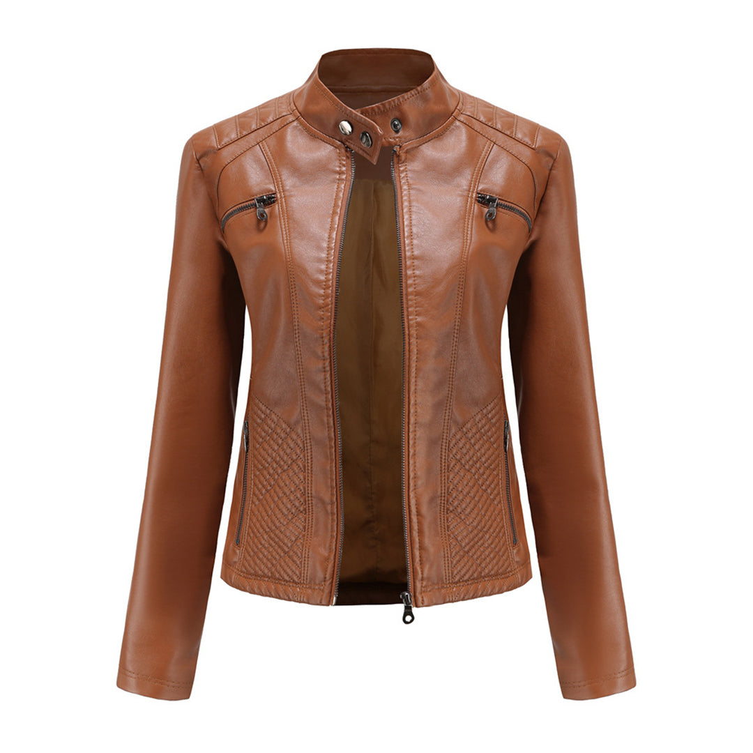 Braune Lederjacke für Damen, Biker-Stil, Reißverschlüsse, modisch, hochwertig