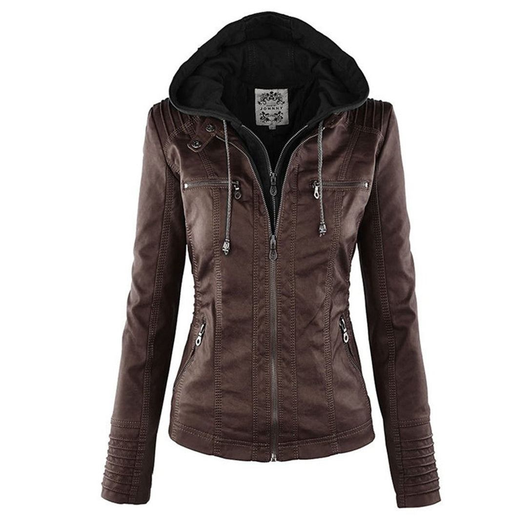 Braune Damen-Lederjacke mit Kapuze, Reißverschlüssen und Stehkragen, modisch und elegant.
