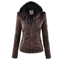 Braune Damen-Lederjacke mit Kapuze, Reißverschlüssen und Stehkragen, modisch und elegant.