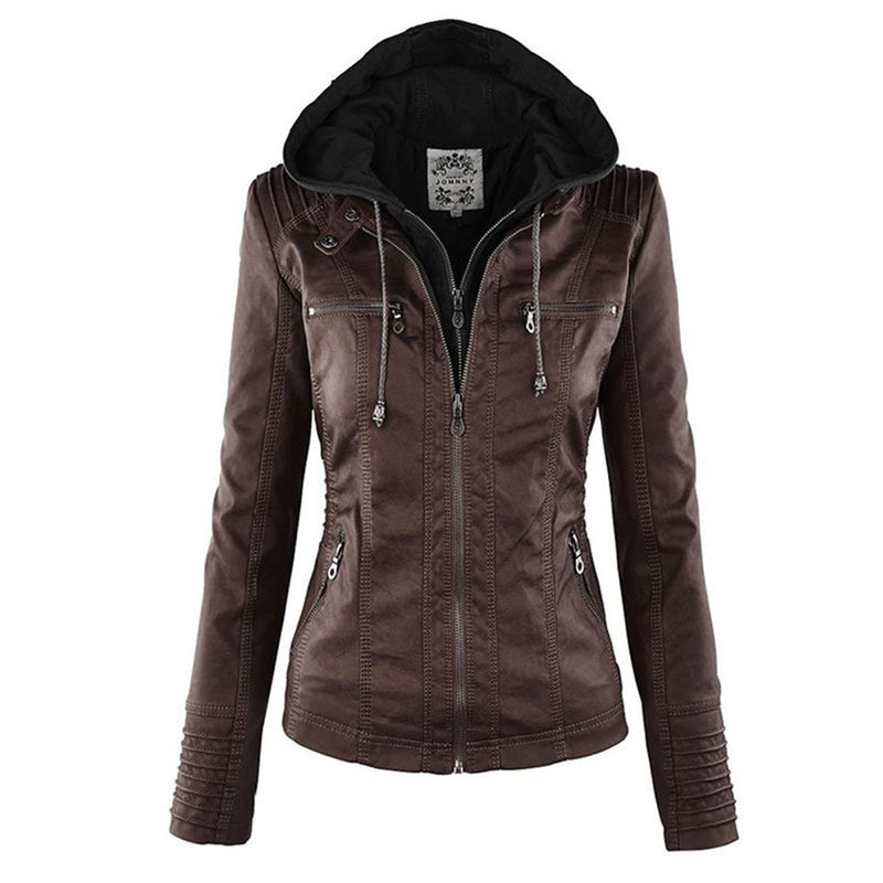 Braune Damen-Lederjacke mit Kapuze, Reißverschlüssen und Stehkragen, modisch und elegant.