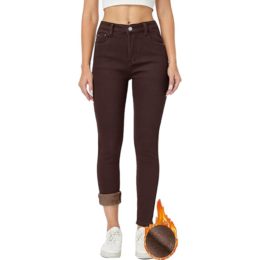 Damen Thermo-Jeans, braun, gefüttert, Slim Fit, warm, Wintermode, bequem, modisch.