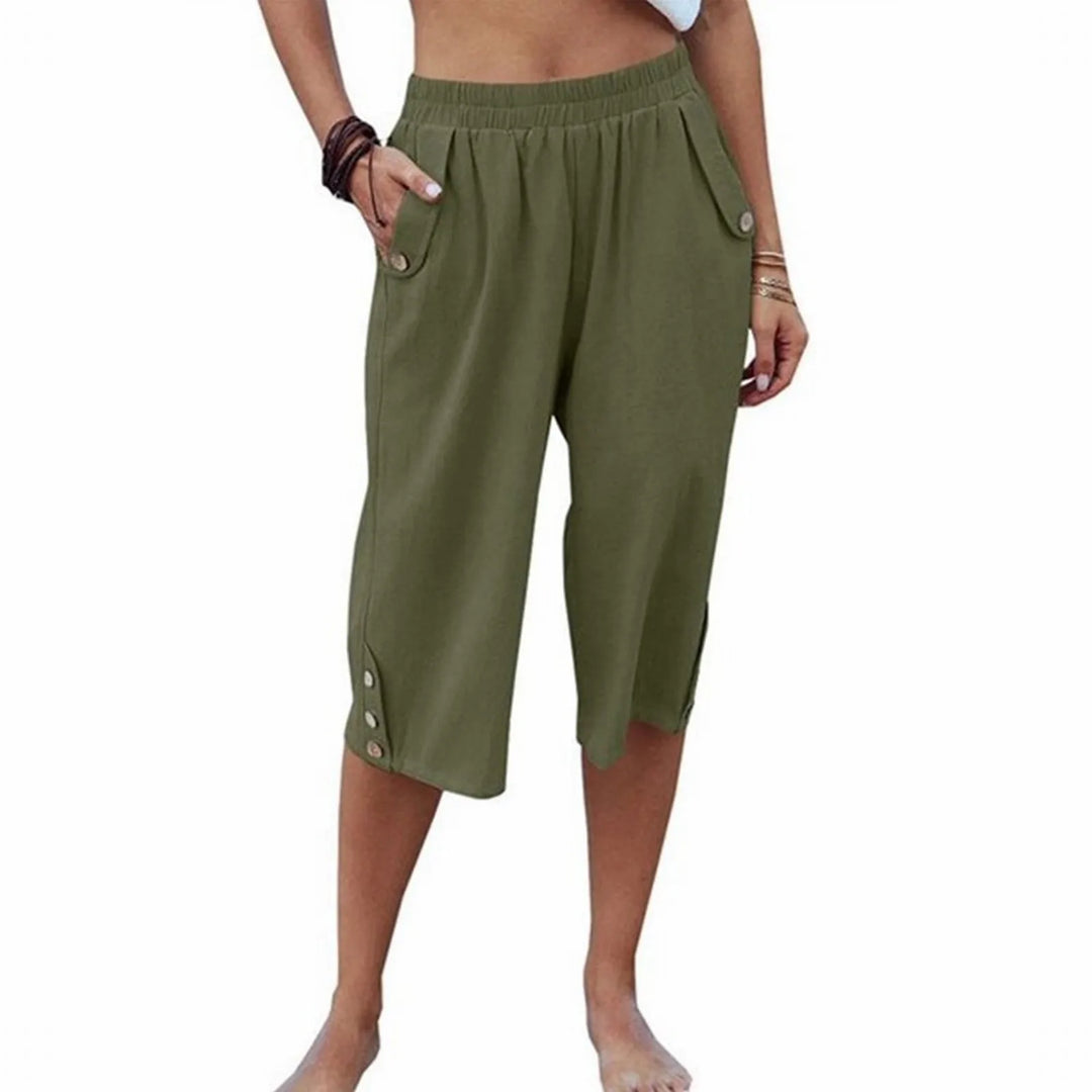 Damen Caprihose, olivgrün, Baumwolle, elastischer Bund, Sommermode, Freizeitkleidung.