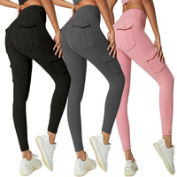 Damen Cargo Leggings in Schwarz, Grau und Rosa mit Taschen, Sportmode, Fitnessbekleidung.