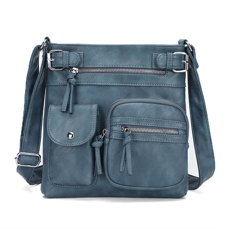 Blaue Damen-Crossbody-Tasche, PU-Leder, multifunktional, modisch, mit Reißverschlusstaschen.