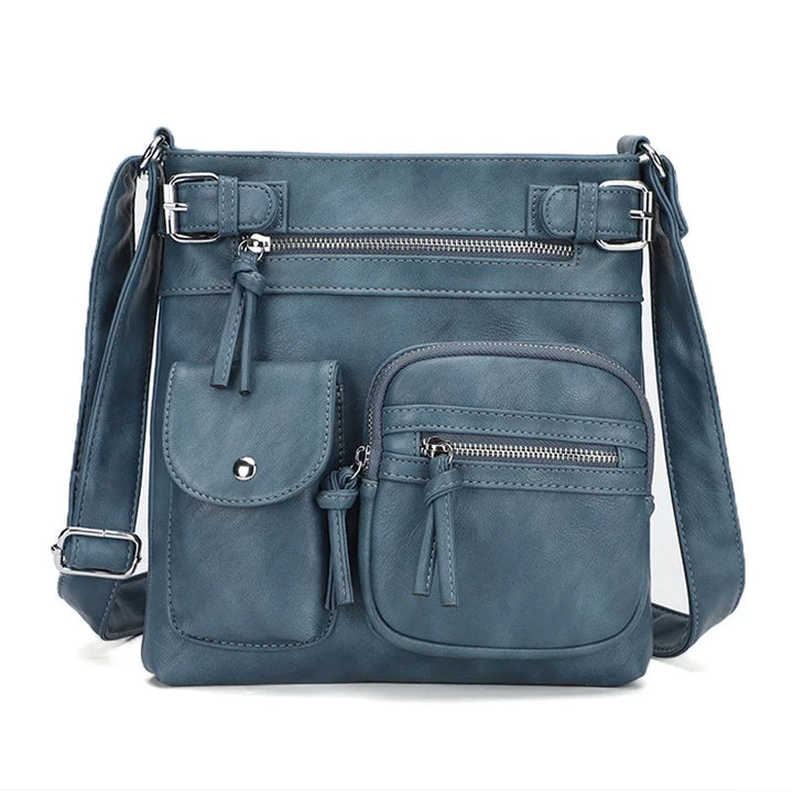 Blaue Damen-Crossbody-Tasche, PU-Leder, multifunktional, modisch, mit Reißverschlusstaschen.