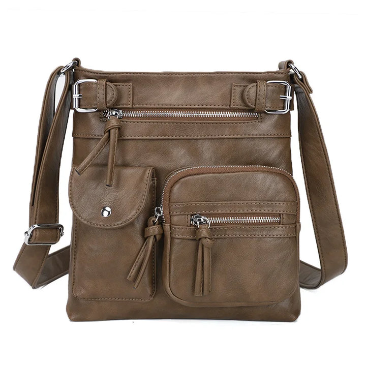 Braune PU-Ledertasche für Damen, multifunktional, mit Reißverschlusstaschen, Crossbody-Design.