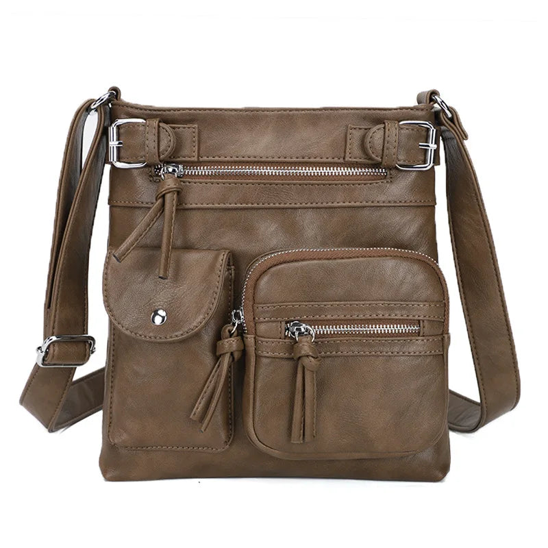 Braune PU-Ledertasche für Damen, multifunktional, mit Reißverschlusstaschen, Crossbody-Design.