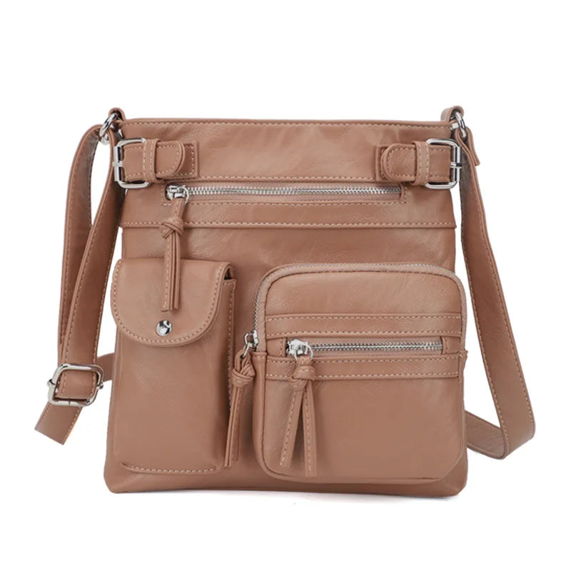 Damen Crossbody Tasche, beige, PU-Leder, multifunktional, modisch, mit Reißverschlusstaschen.