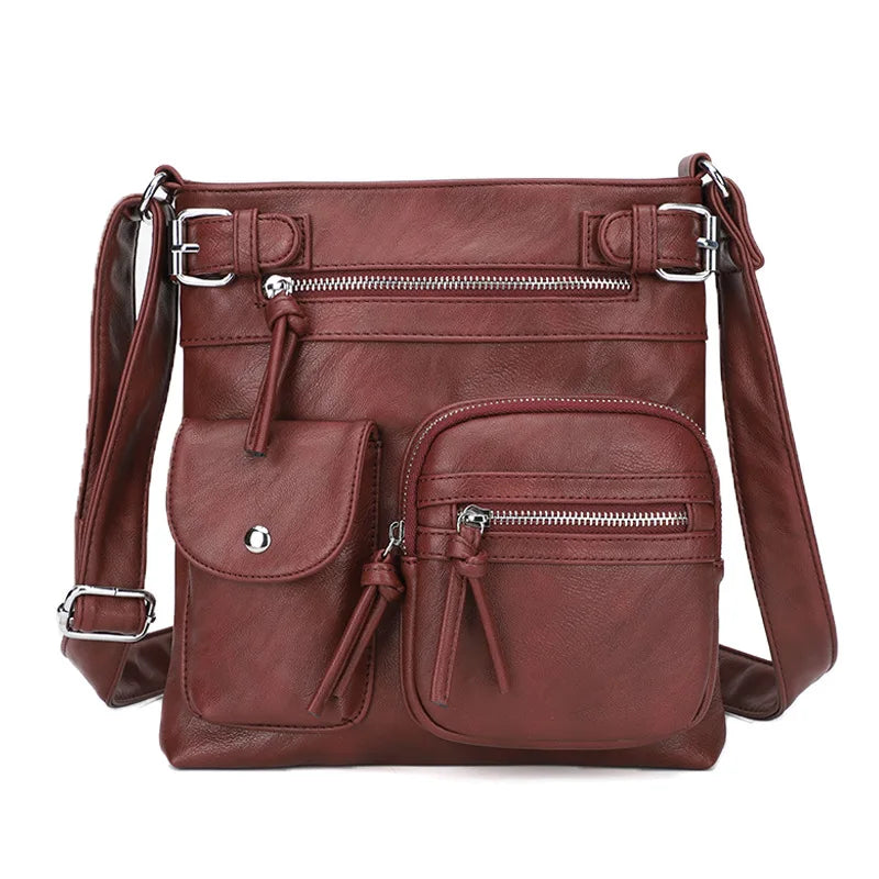 Braune Damen-Crossbody-Tasche, PU-Leder, multifunktional, modisch, mit Reißverschlusstaschen.