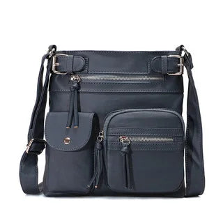 Schwarze Damen-Crossbody-Tasche, PU-Leder, multifunktional, modisch, mit Reißverschlusstaschen.