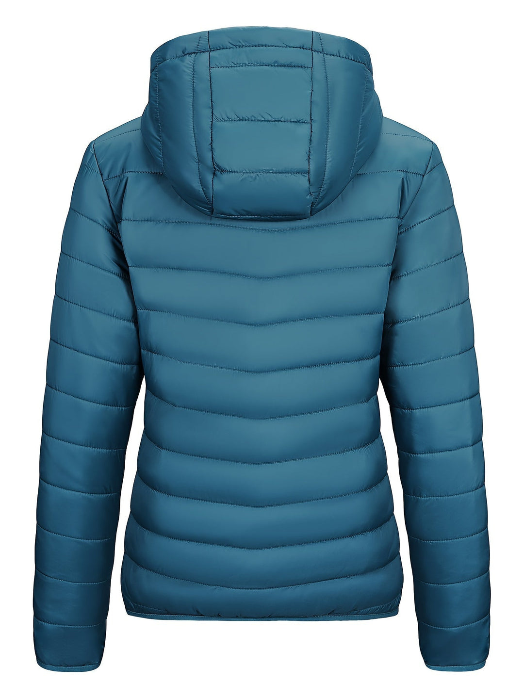 Blaue Daunenjacke mit Kapuze, gesteppte Winterjacke, warm, modisch, Outdoor-Bekleidung.