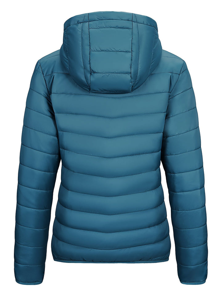 Blaue Daunenjacke mit Kapuze, gesteppte Winterjacke, warm, modisch, Outdoor-Bekleidung.