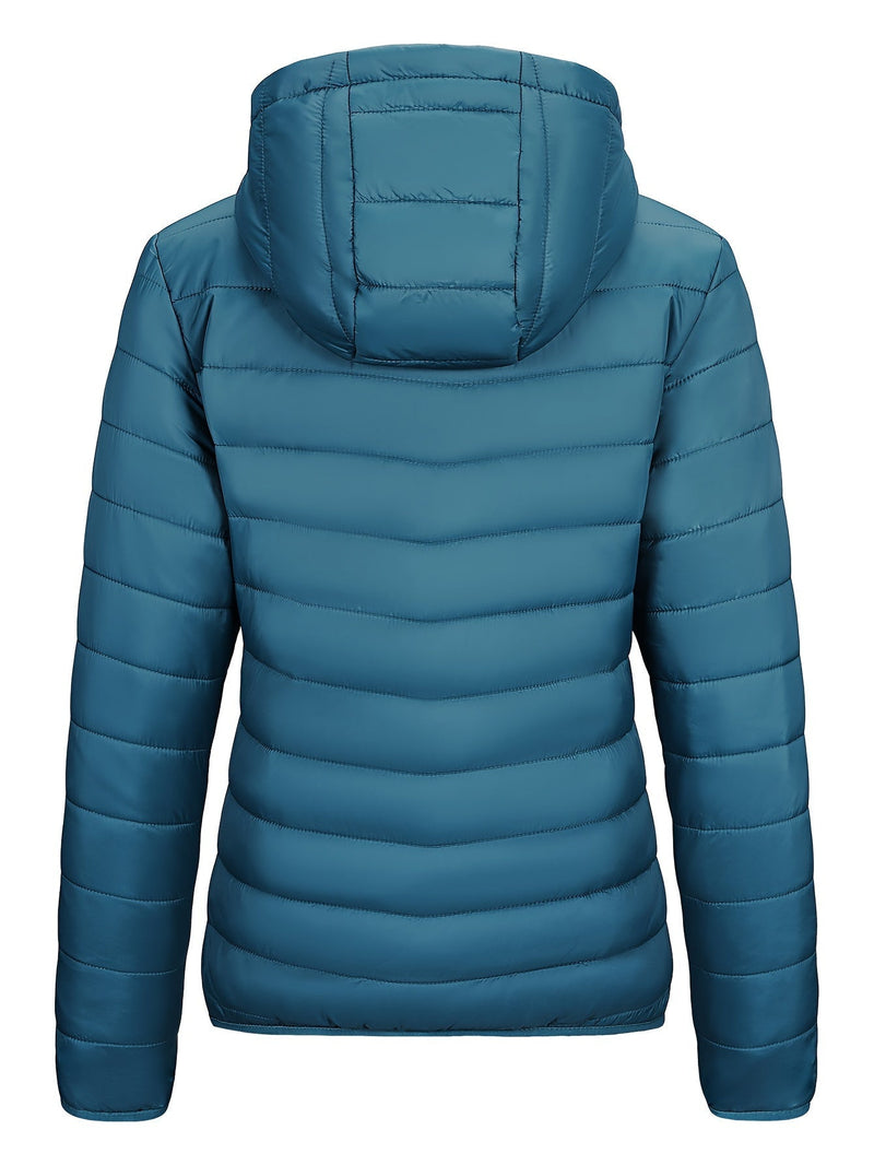 Blaue Daunenjacke mit Kapuze, gesteppte Winterjacke, warm, modisch, Outdoor-Bekleidung.