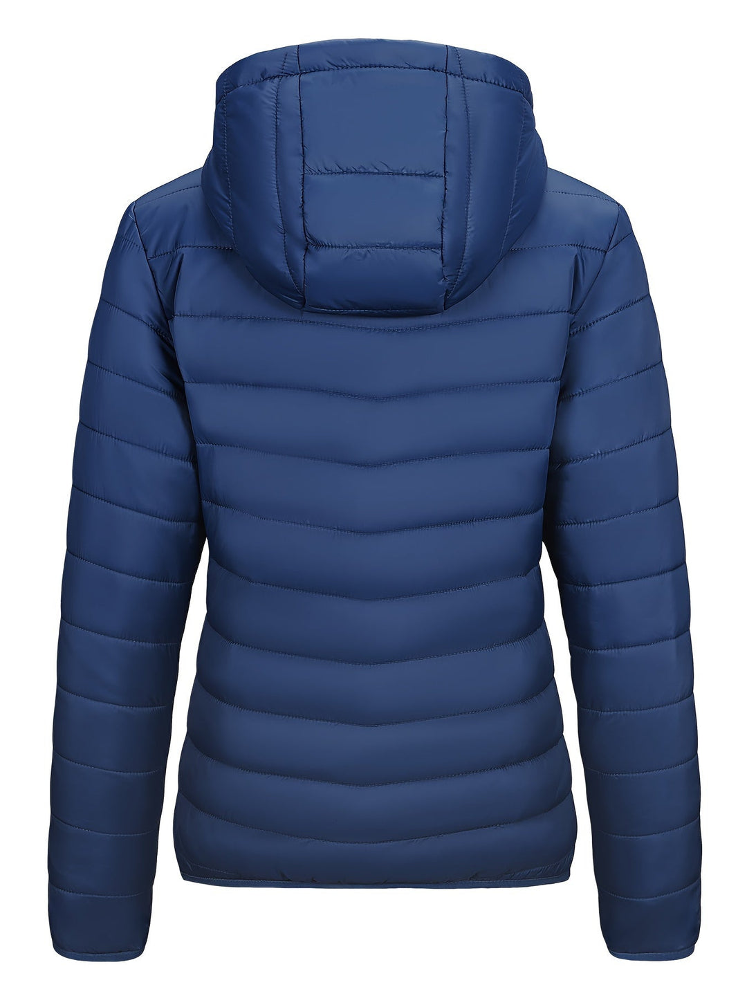 Blaue Daunenjacke mit Kapuze, gesteppte Winterjacke, warm, modisch, Outdoor-Bekleidung.