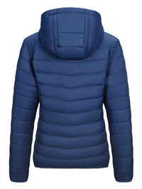 Blaue Daunenjacke mit Kapuze, gesteppte Winterjacke, warm, modisch, Outdoor-Bekleidung.
