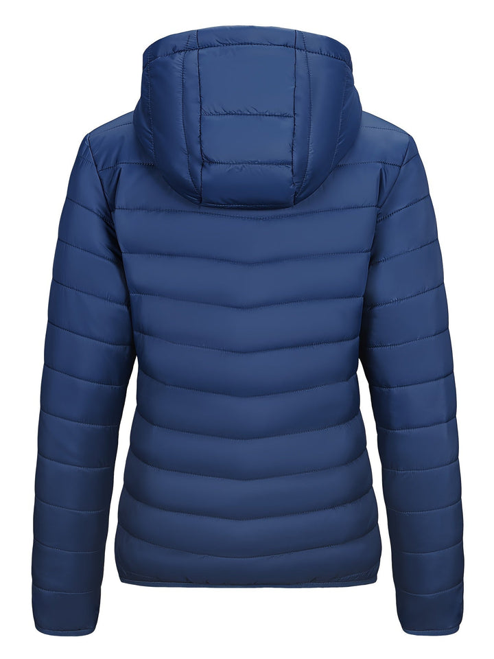 Blaue Daunenjacke mit Kapuze, gesteppte Winterjacke, warm, modisch, Outdoor-Bekleidung.