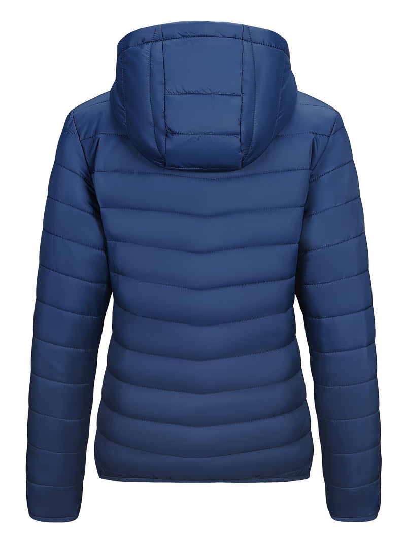 Blaue Daunenjacke mit Kapuze, gesteppte Winterjacke, warm, modisch, Outdoor-Bekleidung.