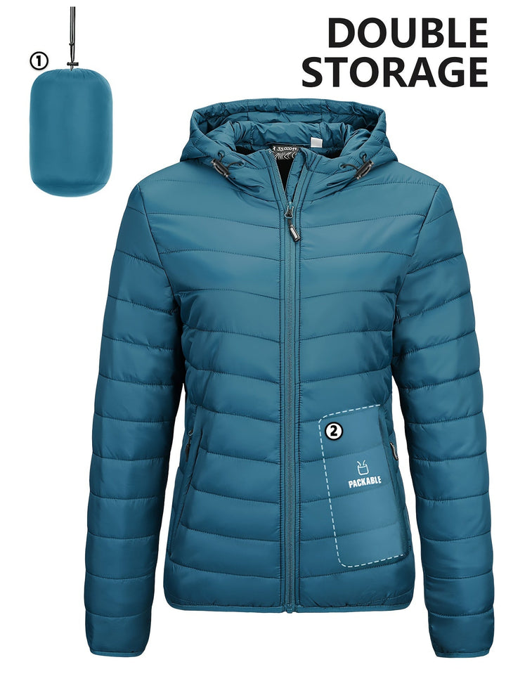 Damen-Daunenjacke blau, leicht, packbar, mit Kapuze, ideal für Outdoor-Aktivitäten.