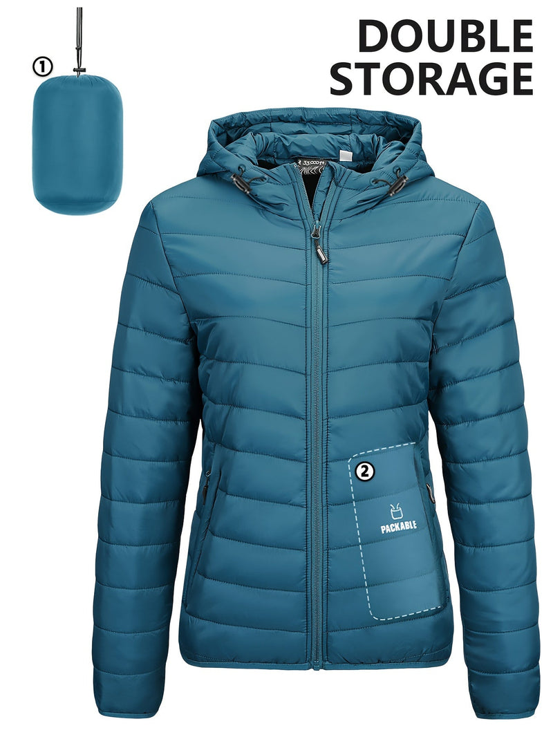 Damen-Daunenjacke blau, leicht, packbar, mit Kapuze, ideal für Outdoor-Aktivitäten.