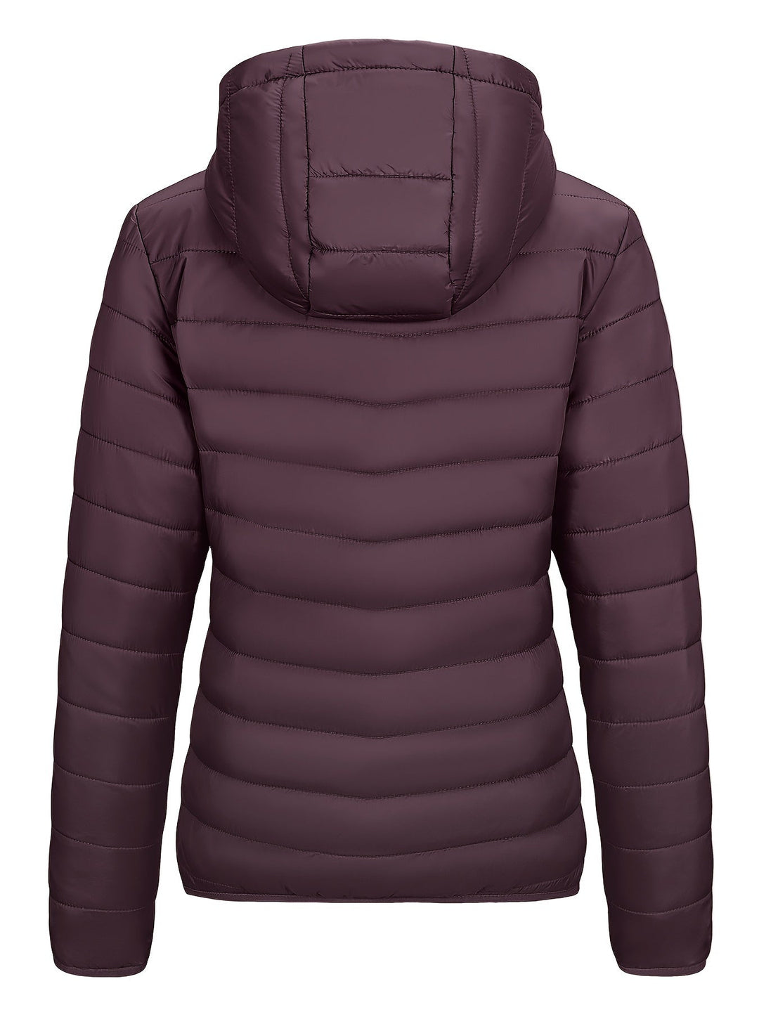 Damen-Daunenjacke mit Kapuze, dunkelviolett, gesteppt, warm, Wintermode.