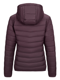 Damen-Daunenjacke mit Kapuze, dunkelviolett, gesteppt, warm, Wintermode.