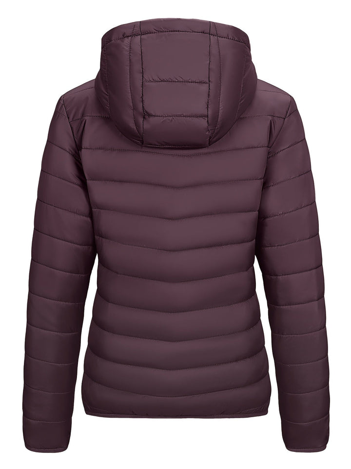 Damen-Daunenjacke mit Kapuze, dunkelviolett, gesteppt, warm, Wintermode.