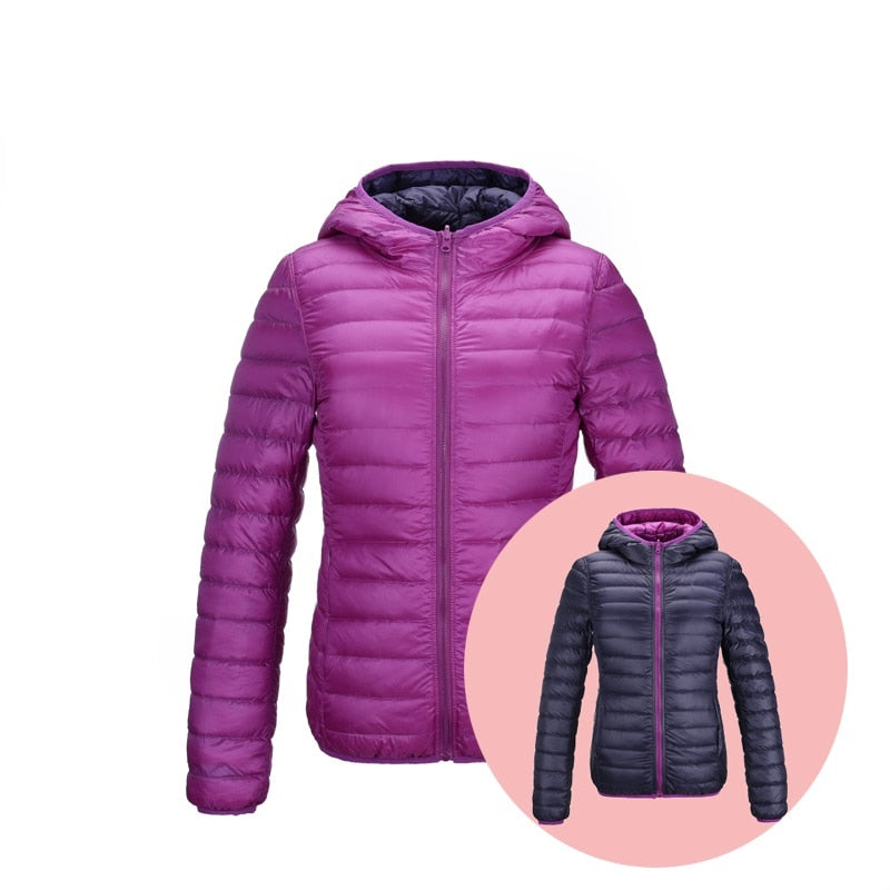 Lila Daunenjacke mit Kapuze, leicht, warm, Damenmode, Winterjacke, Outdoor-Bekleidung.