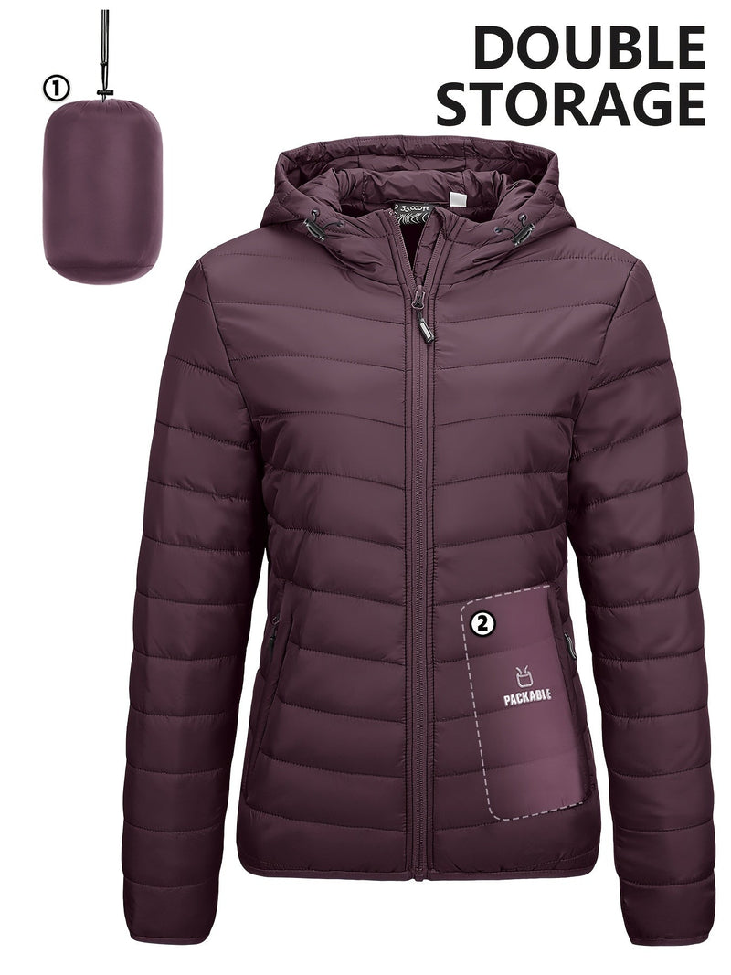 Damen Daunenjacke, lila, leicht, packbar, mit Kapuze, ideal für Outdoor-Aktivitäten.