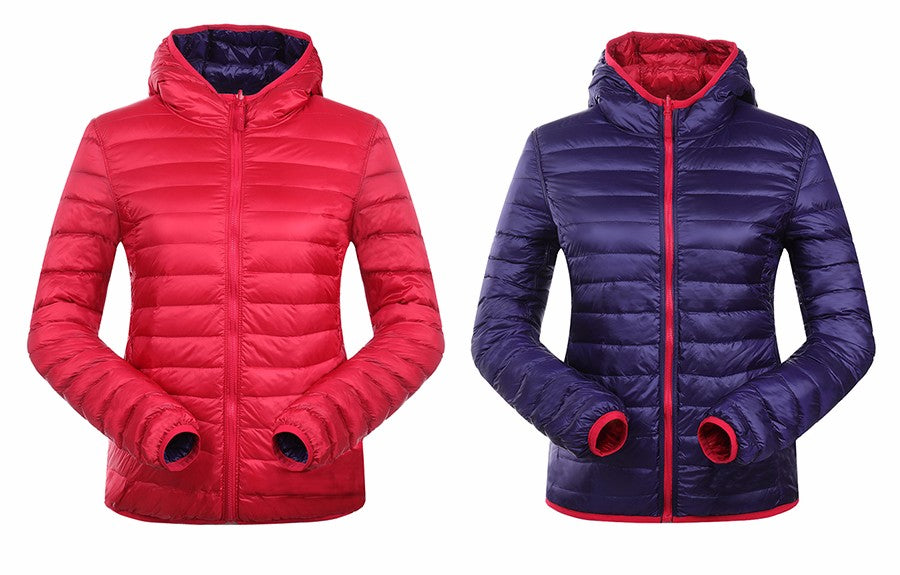 Rote und blaue Daunenjacken mit Kapuze, leicht, warm, für Damen, Outdoor-Bekleidung.