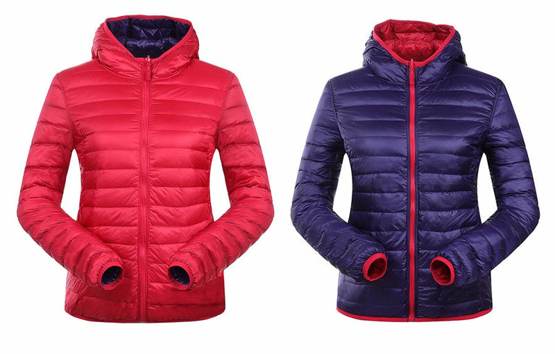 Rote und blaue Daunenjacken mit Kapuze, leicht, warm, für Damen, Outdoor-Bekleidung.